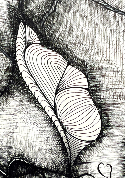 Close-up detail of the Dragonakee black ink drawing, originally hand-drawn by MatiArtBox, showing intricate rapidograph lines and the wing of the dragon-like figure.