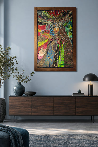 Awakening by MatiArtBox printable wall art mockup showing a artwork above a dark gray sofa in a modern blue-gray living room. 