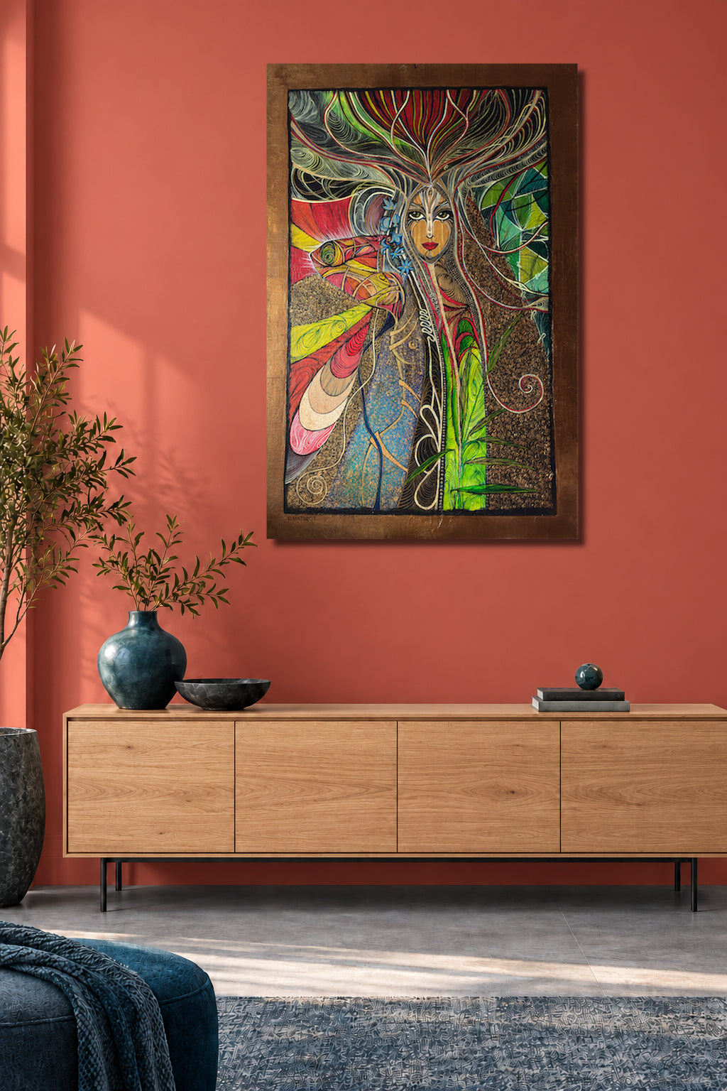 Awakening by MatiArtBox printable wall art mockup showing a artwork above a dark gray sofa in a modern coral-wall living room. 