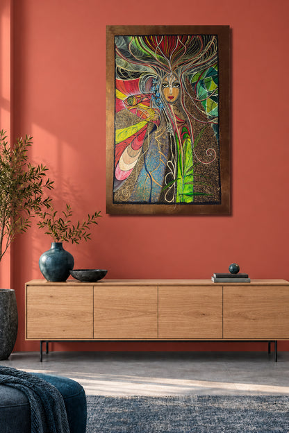 Awakening by MatiArtBox printable wall art mockup showing a artwork above a dark gray sofa in a modern coral-wall living room. 