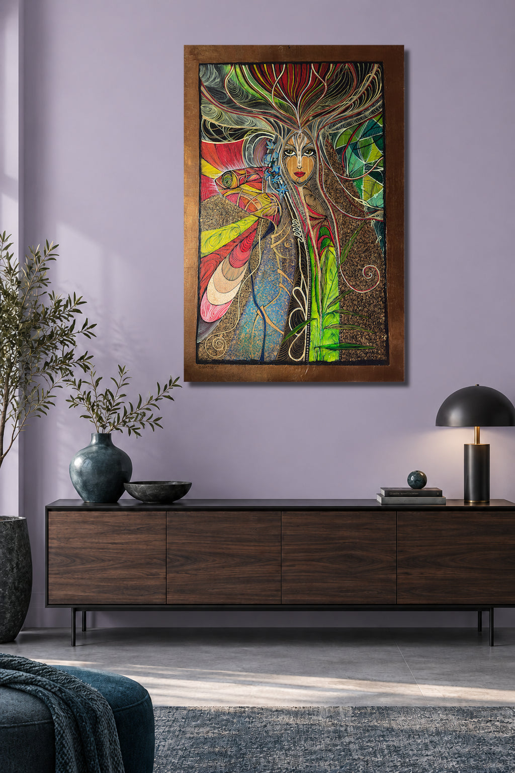 Awakening by MatiArtBox printable wall art mockup showing a artwork above a dark gray sofa in a modern lavender-gray living room. 