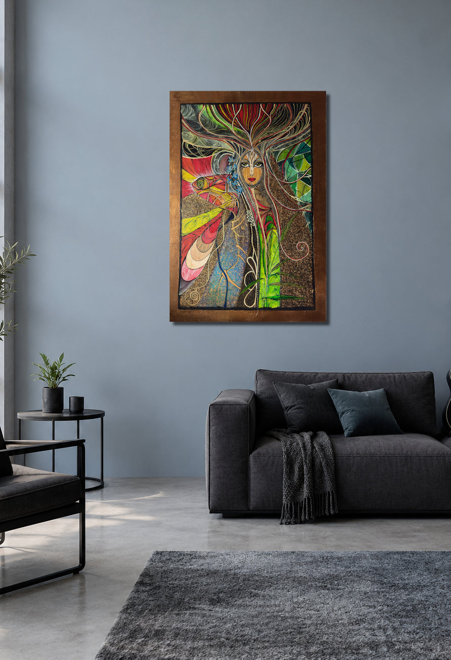 Awakening by MatiArtBox printable wall art mockup showing a artwork above a dark gray sofa in a modern light-blue-gray room. 