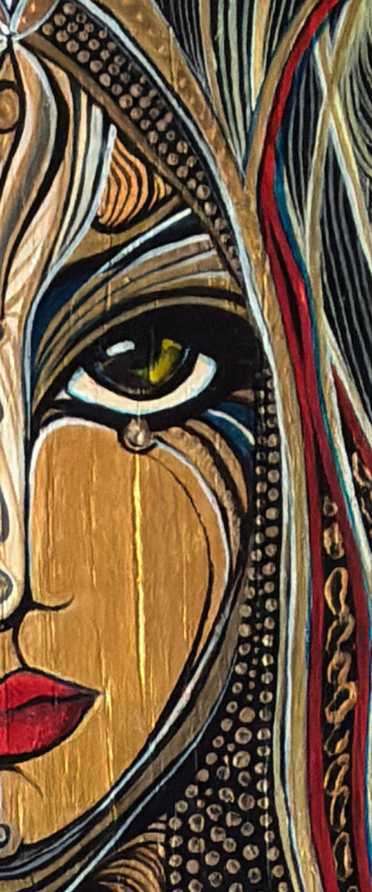Close-up detail of Awakening, an original hand-painted artwork by MATBEST / MatiArtBox, showing expressive lines, layered textures, natural wood grain and gold-painted details.