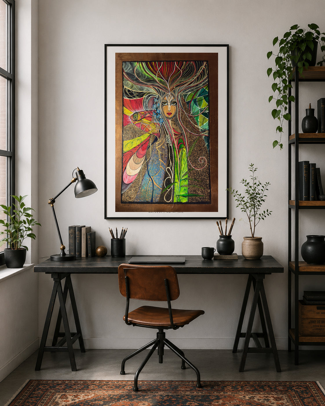 Awakening printable wall art by MATBEST / MatiArtBox, displayed in a black frame above a desk in an industrial-style home office with books, plants and dark wood accents.
