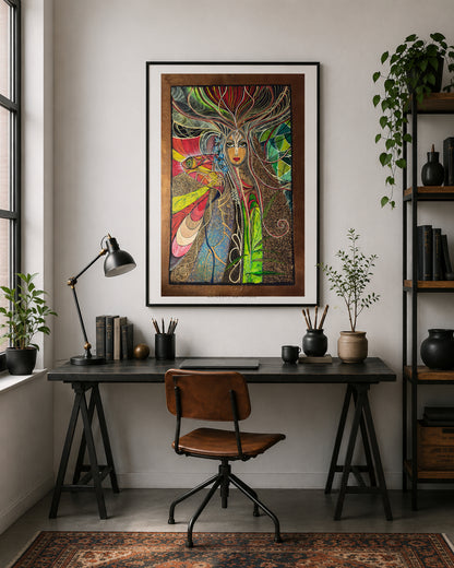 Awakening printable wall art by MATBEST / MatiArtBox, displayed in a black frame above a desk in an industrial-style home office with books, plants and dark wood accents.