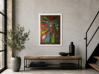 Awakening printable wall art by MATBEST/Matiartbox displayed with a white border on a concrete wall in an industrial loft interior.