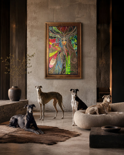 Awakening printable wall art by MATBEST / MatiArtBox, displayed in a contemporary interior with four AI-generated greyhounds. The original artwork itself is entirely hand-painted and not AI-generated.