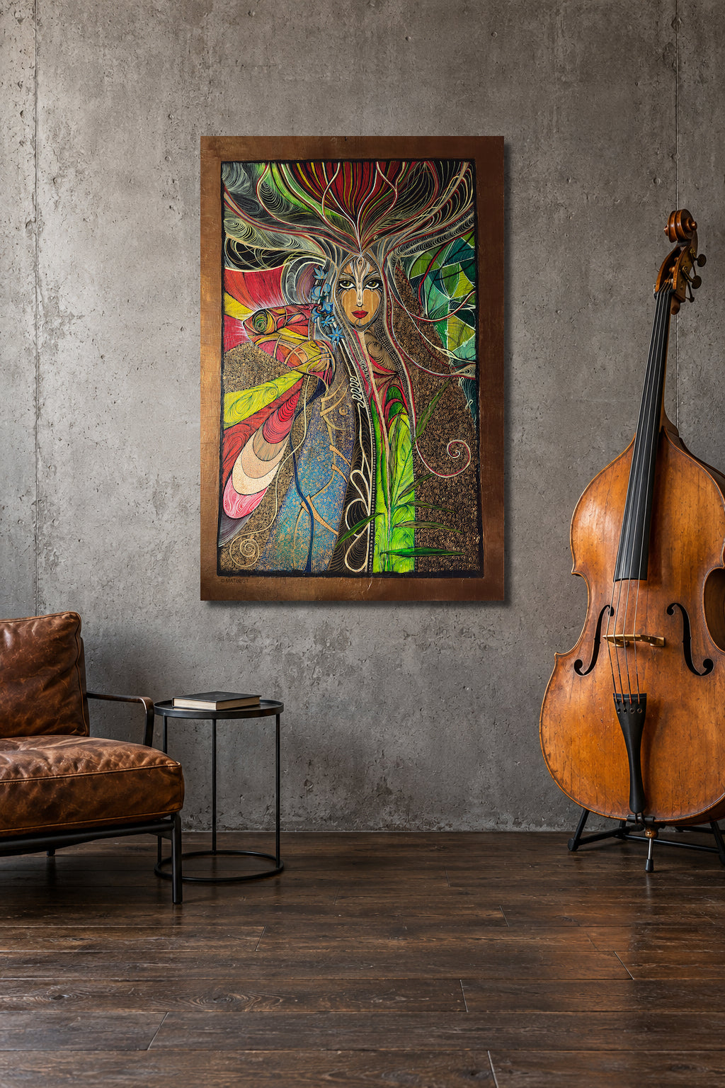 Awakening by MatiArtBox printable wall art displayed in a stylish modern interior with a charcoal sofa and a contrabass beside the wall.