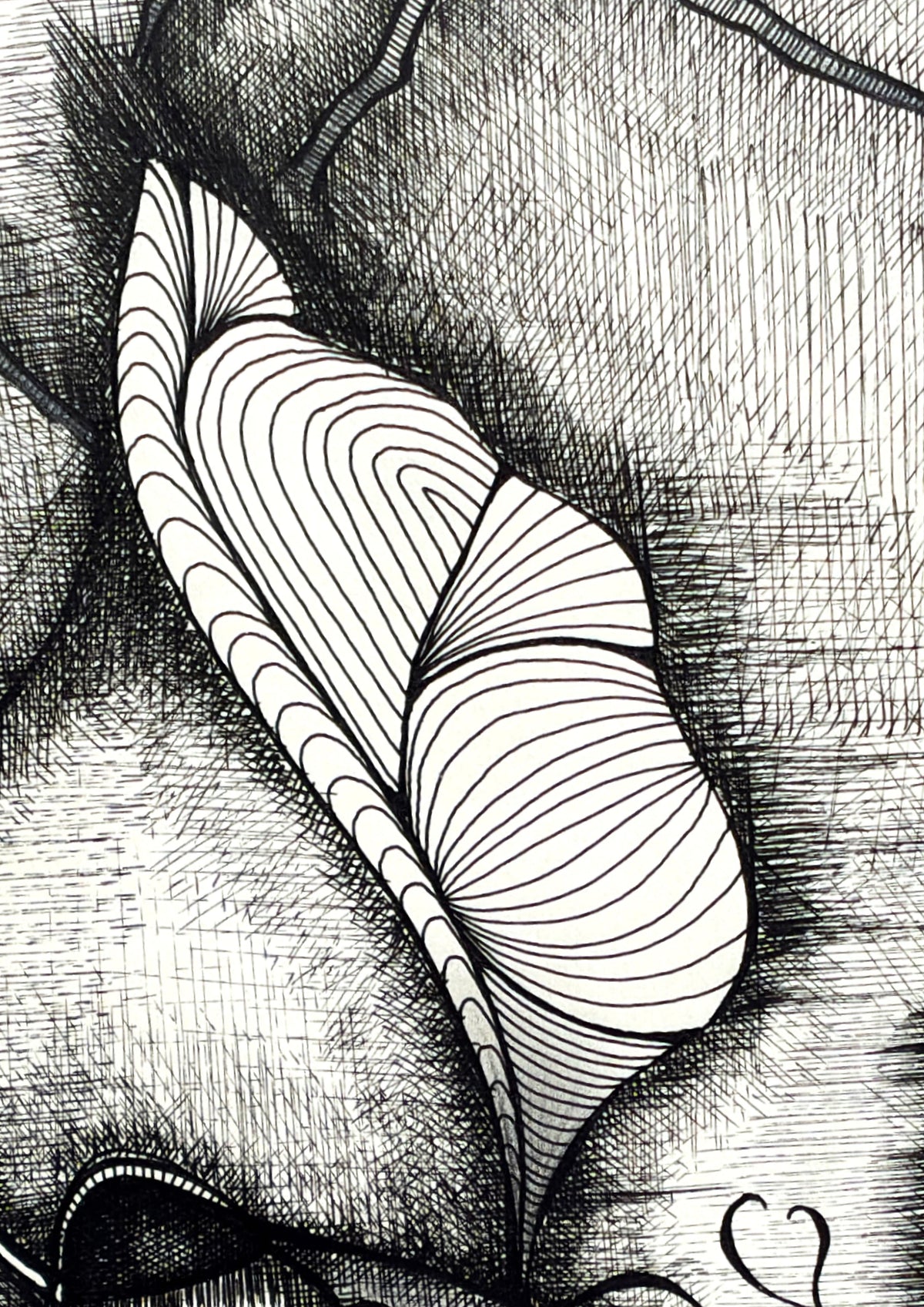 Close-up detail of the Dragonakee black ink drawing, originally hand-drawn by MatiArtBox, showing intricate rapidograph lines and the wing of the dragon-like figure.