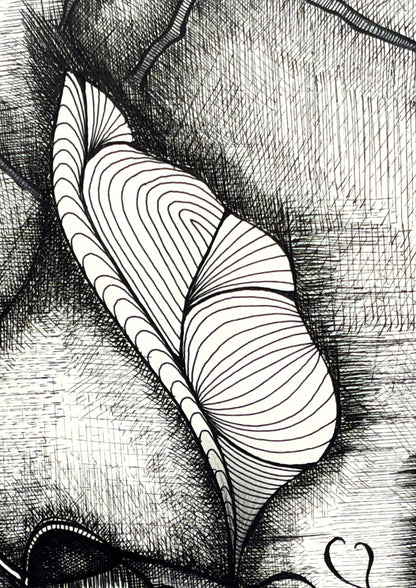 Close-up detail of the Dragonakee black ink drawing, originally hand-drawn by MatiArtBox, showing intricate rapidograph lines and the wing of the dragon-like figure.