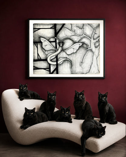 Dragonakee printable black ink drawing, originally hand-drawn by MatiArtBox, displayed in a black frame on a burgundy wall above seven AI-generated black cats resting on a cream sofa.
