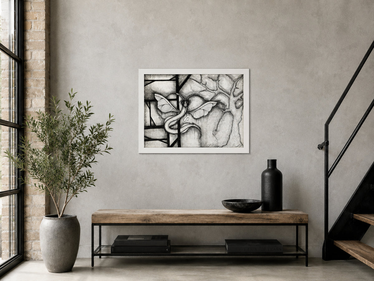 Dragonakee printable black ink drawing, originally hand-drawn by MatiArtBox, displayed in a white frame above a wood and metal console in a modern industrial loft.