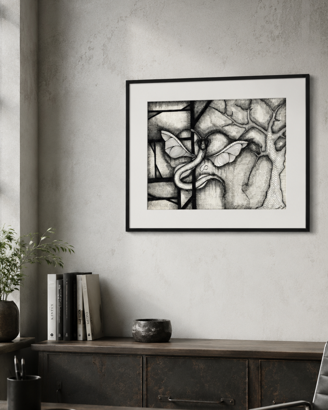 Dragonakee printable black ink drawing, originally hand-drawn by MatiArtBox, displayed in a black frame with a white mat in a modern industrial office.