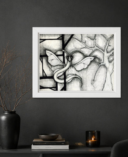 Dragonakee printable black ink drawing, originally hand-drawn by MatiArtBox, displayed in a white frame on a charcoal-grey wall above a dark cabinet in a moody modern interior.