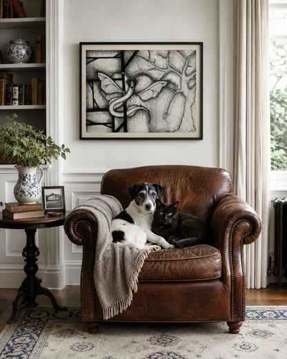 Dragonakee printable black ink drawing, originally hand-drawn by MatiArtBox, displayed above a leather armchair with an AI-generated dog and cat in a cozy reading corner.