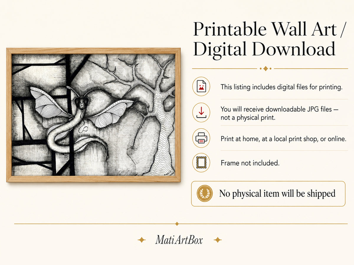 Digital download information graphic featuring Dragonakee, originally hand-drawn by MatiArtBox, explaining that the listing includes printable JPG files and no physical item or frame.