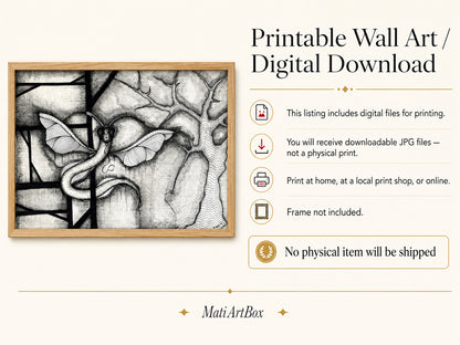 Digital download information graphic featuring Dragonakee, originally hand-drawn by MatiArtBox, explaining that the listing includes printable JPG files and no physical item or frame.