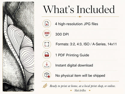 What’s Included graphic for Dragonakee, originally hand-drawn by MatiArtBox, showing four 300 DPI JPG files in 3:2, 4:3, ISO A-series and 14:11 formats, plus a PDF printing guide.