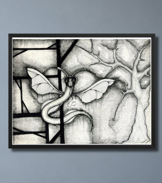 Framed Dragonakee printable wall art by MatiArtBox on a gray-blue wall.