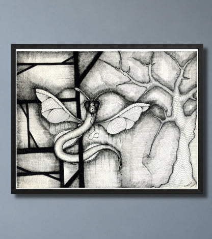 Framed Dragonakee printable wall art by MatiArtBox on a gray-blue wall.