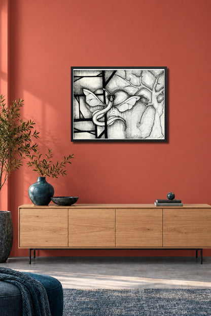 Dragonakee by MatiArtBox printable wall art mockup showing a framed black-and-white hand-drawn artwork above a dark gray sofa in a modern coral living room. 