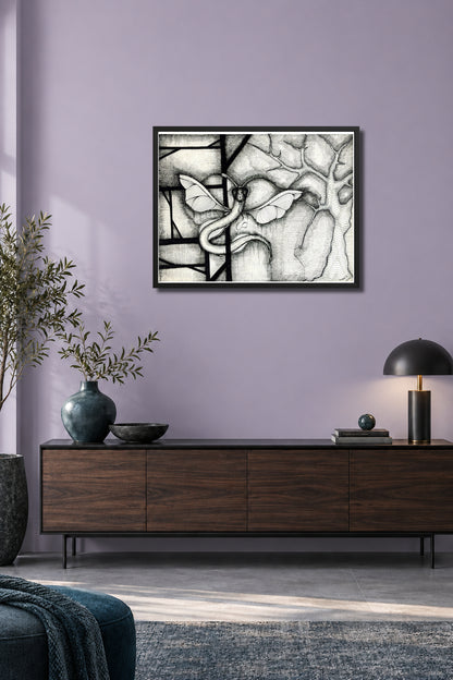 Dragonakee MatiArtBox printable wall art mockup showing a framed black-and-white hand-drawn artwork above a dark gray sofa in a modern lavender-gray living room. 