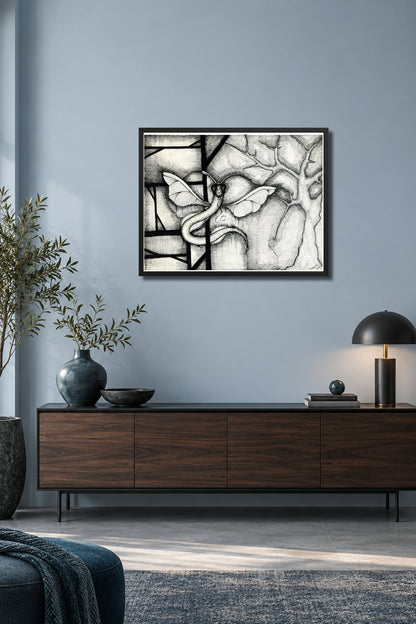 Dragonakee by MatiArtBox printable wall art mockup showing a framed black-and-white hand-drawn artwork above a dark gray sofa in a modernlight-blue-gray living room. 