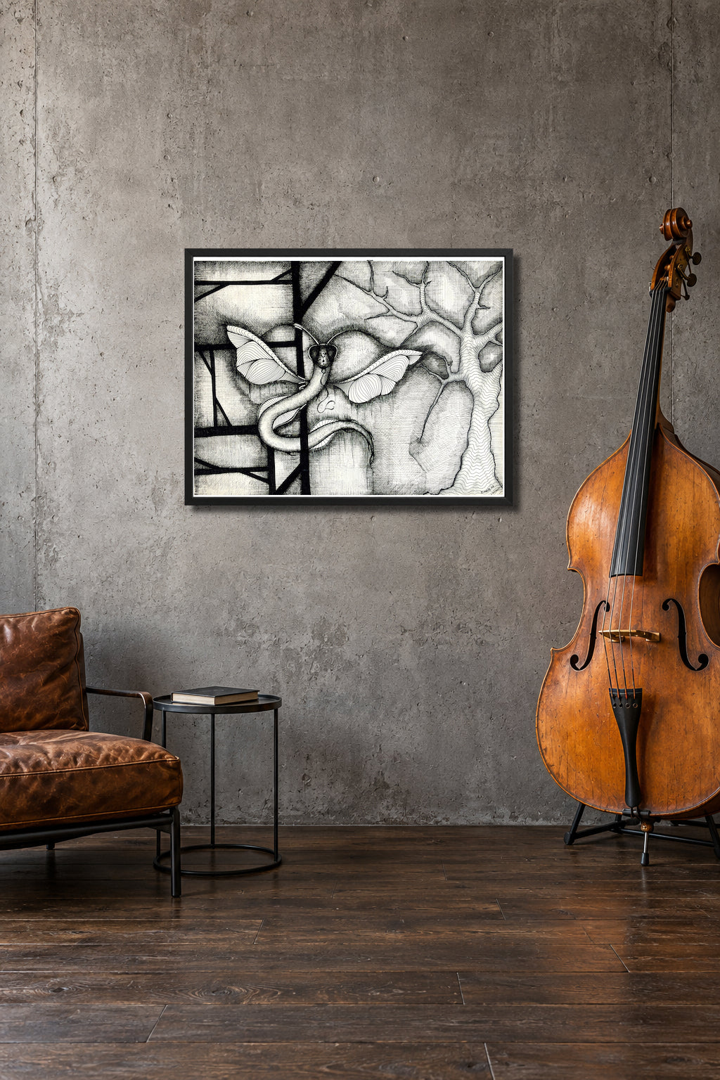 Dragonakee by MatiArtBox printable wall art displayed in a stylish modern interior with a charcoal sofa and a contrabass beside the wall