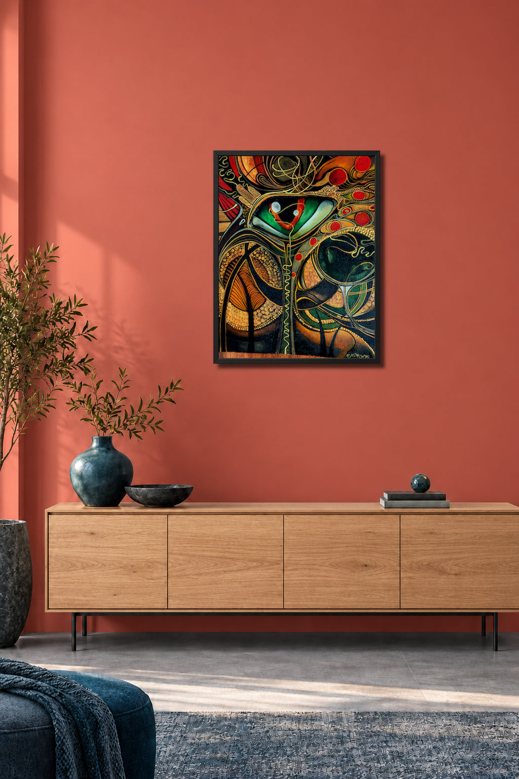 Is Not What You Think You See. MatiArtBox printable wall art mockup showing a framed artwork above a dark gray sofa in a modern coral-wall living room. 