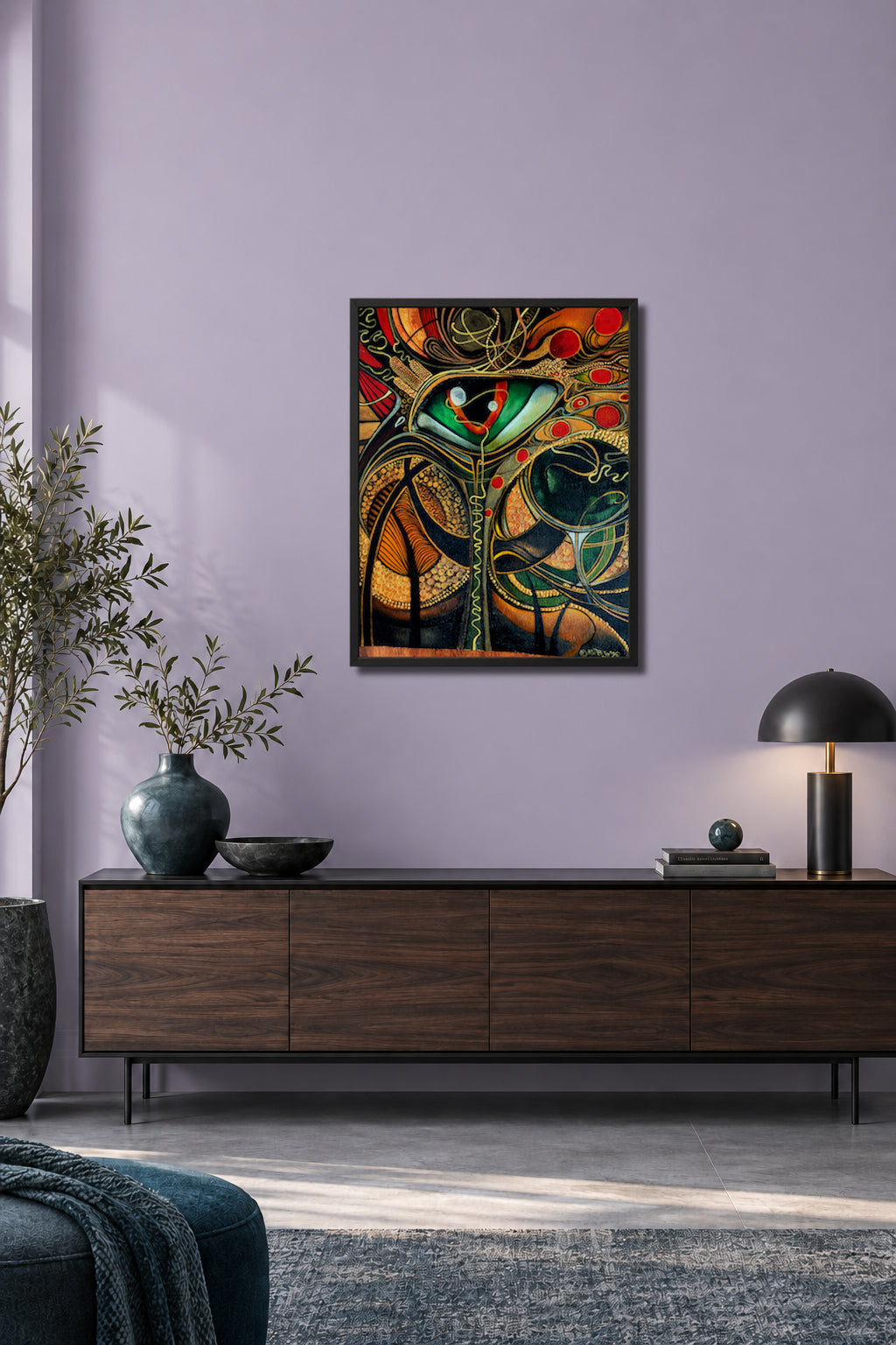 Is Not What You Think You See. MatiArtBox printable wall art mockup showing a framed artwork above a dark gray sofa in a modern lavender-gray living room. 