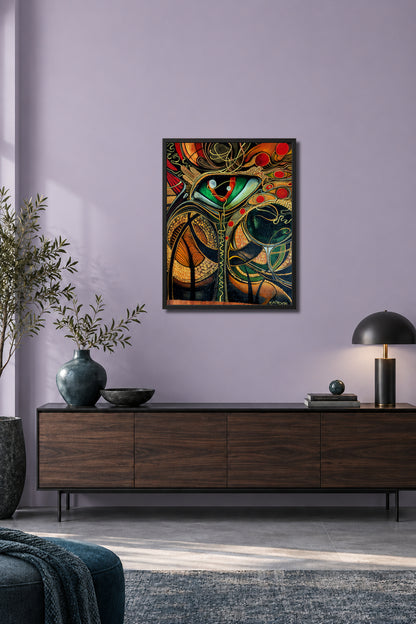 Is Not What You Think You See. MatiArtBox printable wall art mockup showing a framed artwork above a dark gray sofa in a modern lavender-gray living room. 