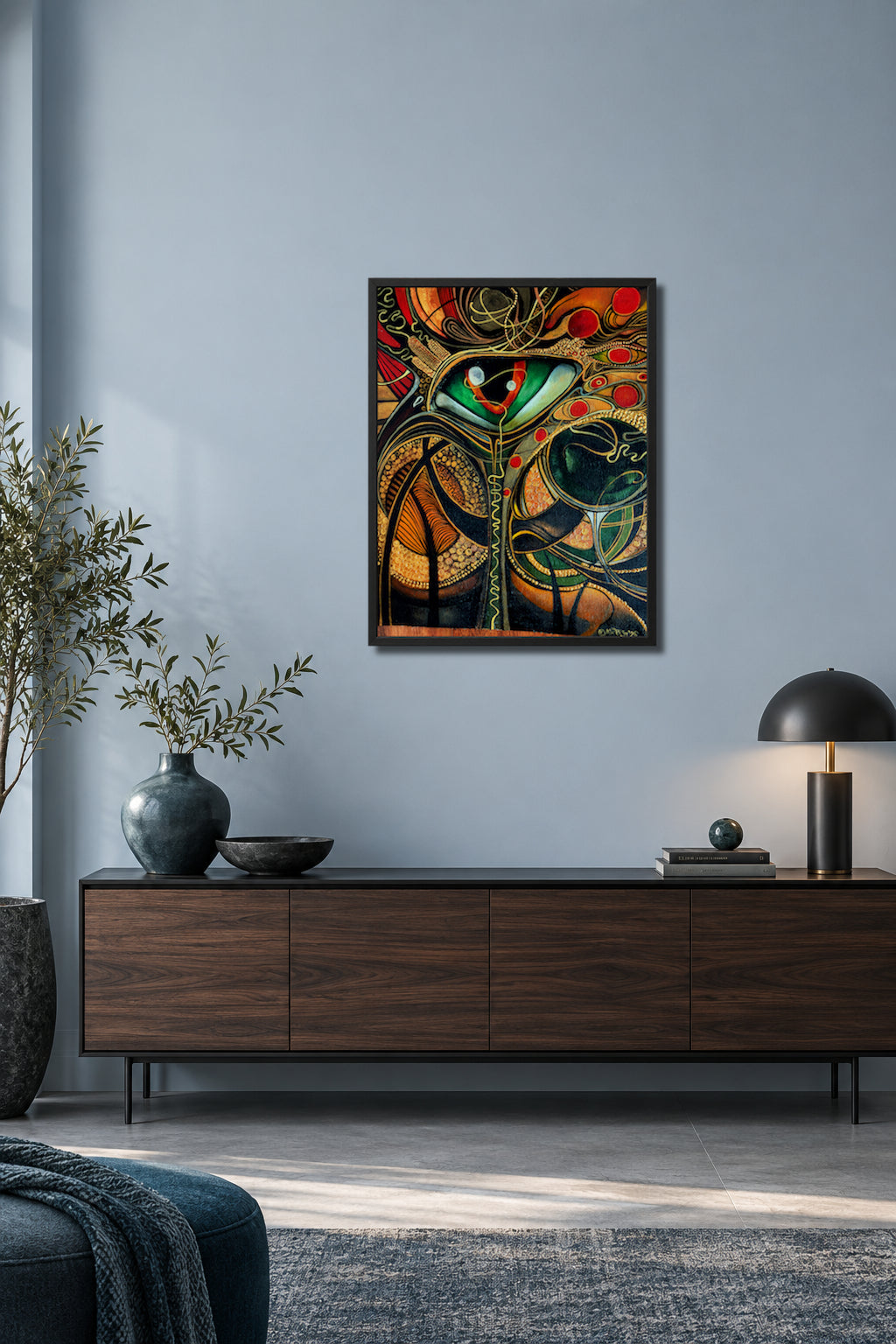 Is Not What You Think You See. MatiArtBox printable wall art mockup showing  artwork above a dark gray sofa in a modern light-blue-gray living room. 