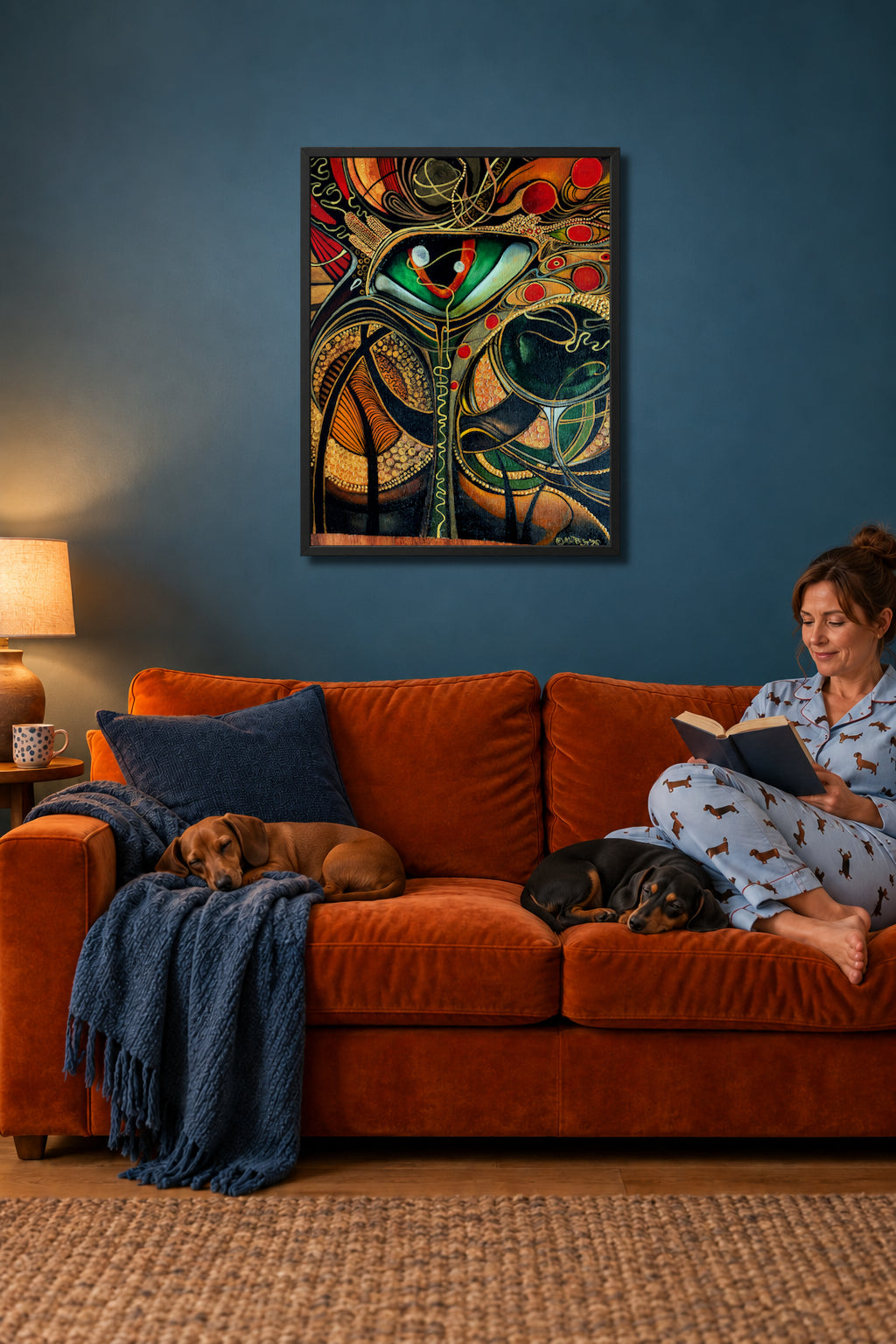 It’s Not What You Think You See, a symbolic printable artwork by MatiArtBox, displayed above a burnt-orange sofa in a moody blue living room. A woman in dachshund pyjamas is reading beside two sleeping dachshunds.