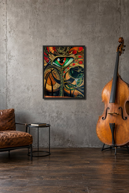 Is Not What You Think You See by MatiArtBox printable wall art displayed in a stylish modern interior with a charcoal sofa and a contrabass beside the wall.
