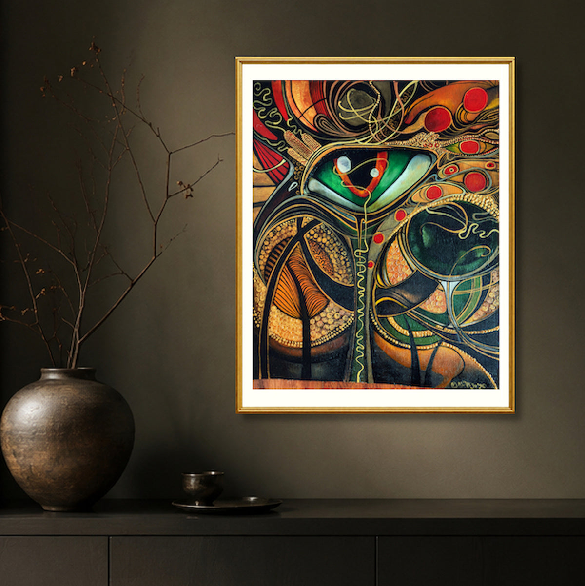 It’s Not What You Think You See, originally hand-painted by MatiArtBox, displayed in a gold frame with a white mat on a dark olive wall above a black cabinet with ceramic decor.