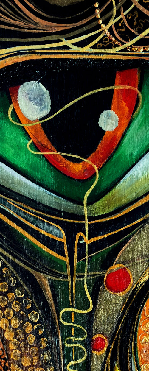 Close-up detail of a colorful mixed-media painting by MatiArtBox, showing layered textures, expressive brushwork and gold-painted details.  Matiartbox