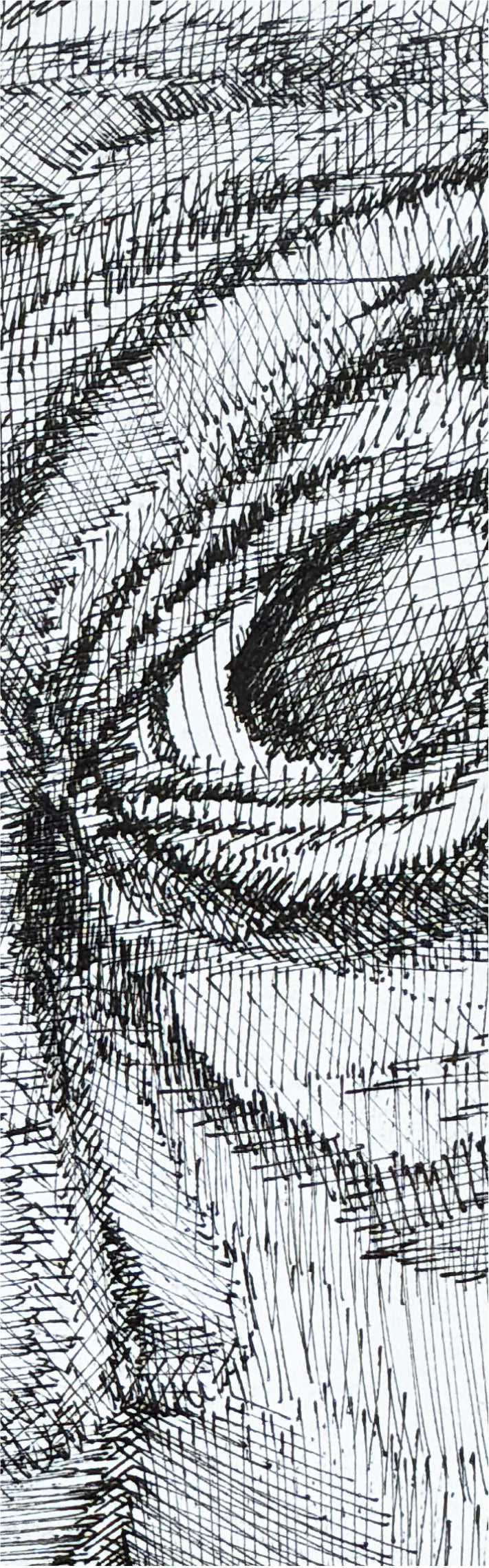 Close-up detail of Personalities by MatiArtBox, showing intricate rapidograph lines, cross-hatching and expressive hand-drawn textures.