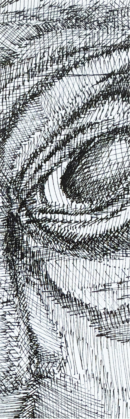Close-up detail of Personalities by MatiArtBox, showing intricate rapidograph lines, cross-hatching and expressive hand-drawn textures.