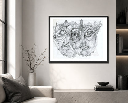 Personalities black ink drawing by MatiArtBox, featuring overlapping faces and expressive eyes in a black frame in a modern living room.