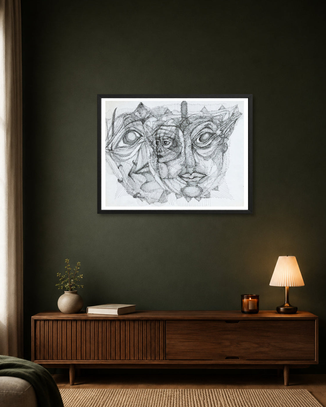 Personalities black ink drawing by MatiArtBox, featuring overlapping faces and expressive eyes above a wooden console in a moody dark green interior.