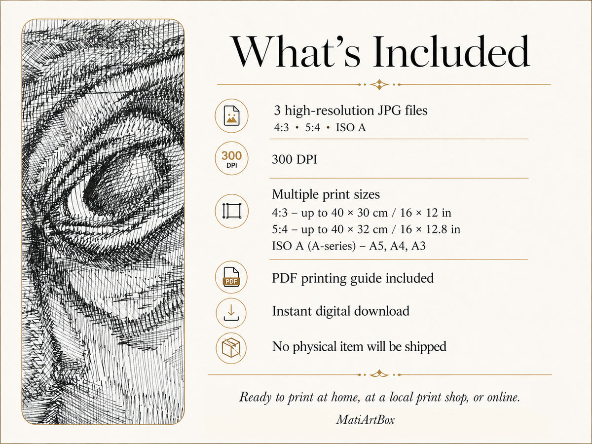 What’s included with Personalities by MatiArtBox: 3 high-resolution 300 DPI JPG files in 4:3, 5:4 and ISO A ratios, plus a PDF printing guide.