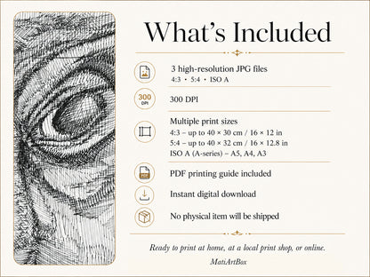 What’s included with Personalities by MatiArtBox: 3 high-resolution 300 DPI JPG files in 4:3, 5:4 and ISO A ratios, plus a PDF printing guide.