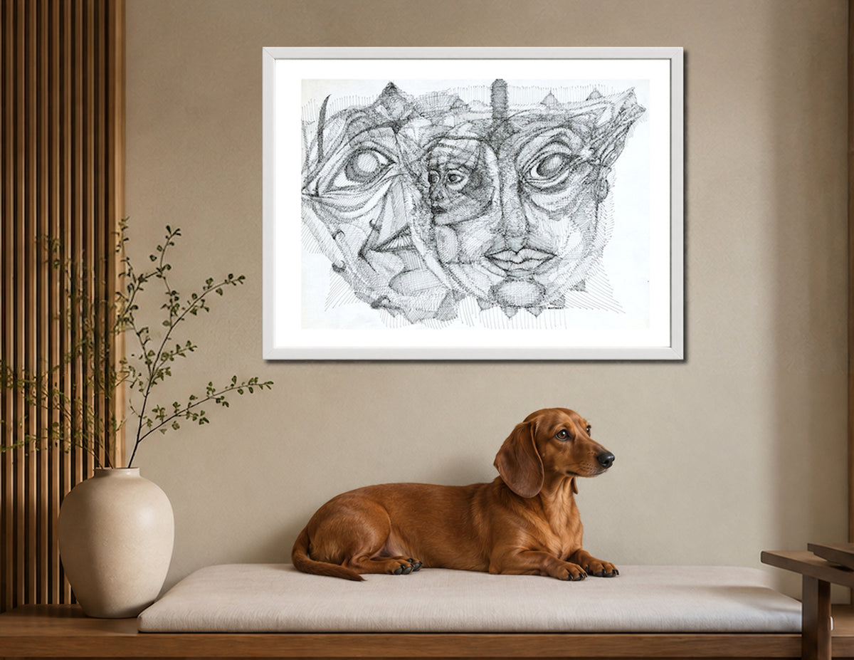 Personalities, an original hand-drawn ink artwork by MatiArtBox, displayed in a white frame above a cushioned wooden bench, with an AI-generated caramel-coloured smooth-haired dachshund lying below. The artwork is entirely human-made and not AI-generated.