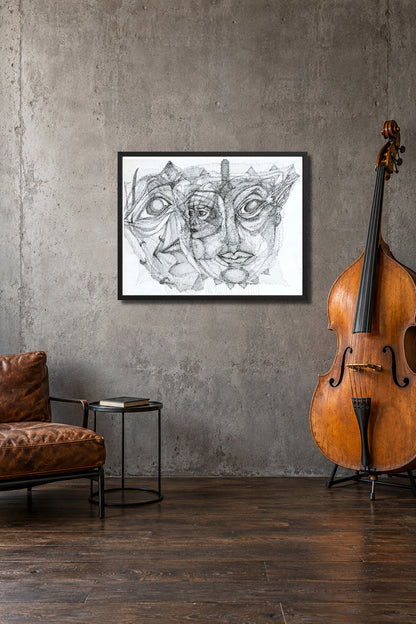 Personalities. MatiArtBox printable wall art displayed in a stylish modern interior with a charcoal sofa and a contrabass beside the wall.