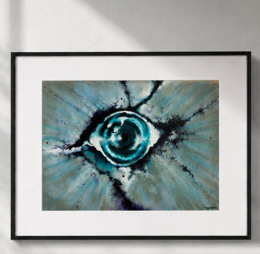 The Blue Eye printable artwork, originally created by hand by MatiArtBox, displayed in a black frame.