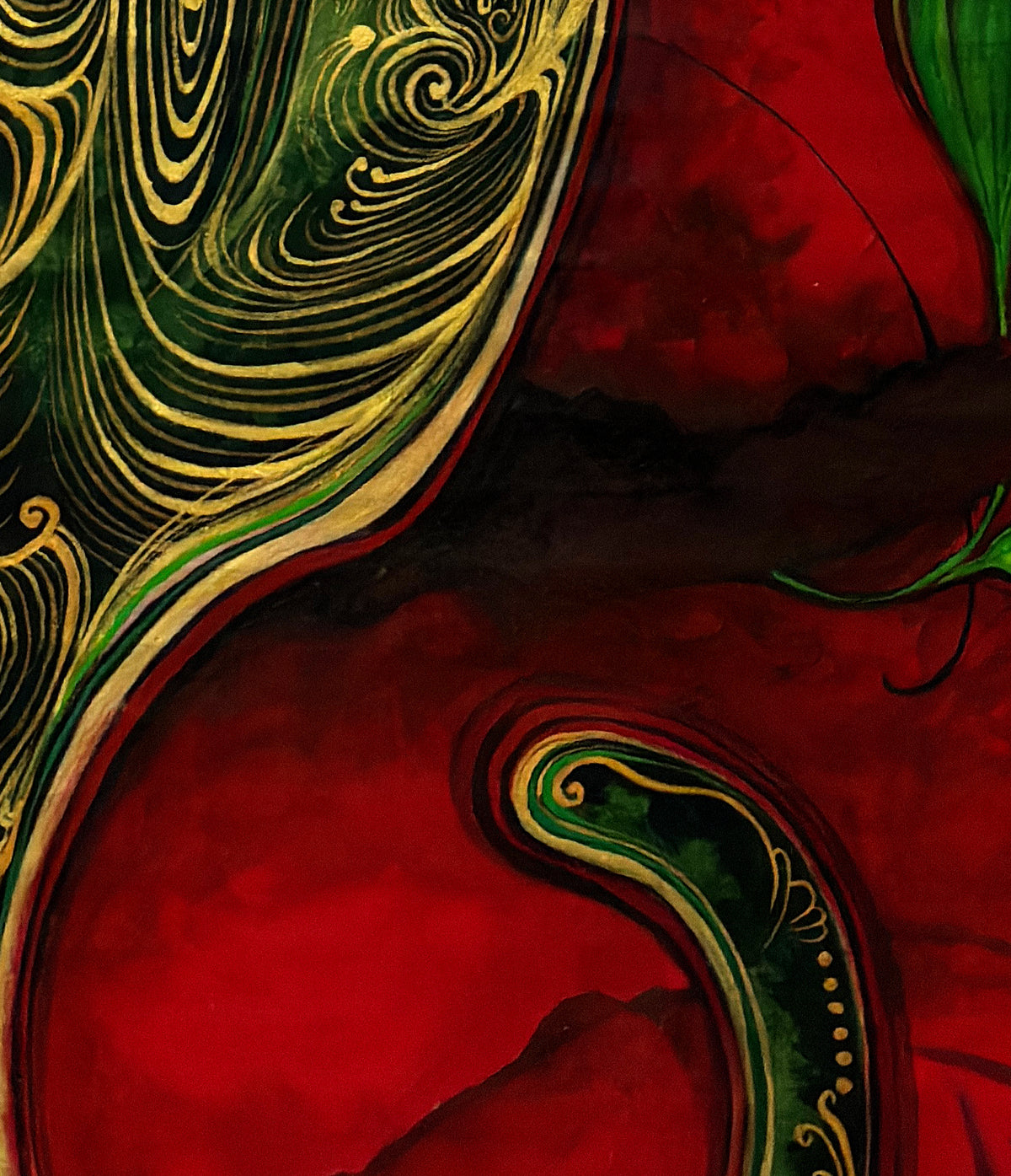 Close-up detail of The Green Cat and the Golden Moon by MatiArtBox, showing hand-painted golden lines, deep green forms and a richly layered red background.