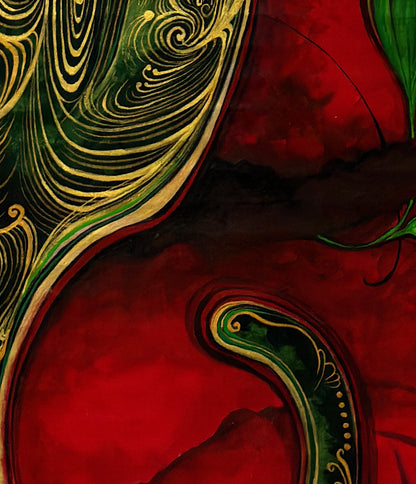 Close-up detail of The Green Cat and the Golden Moon by MatiArtBox, showing hand-painted golden lines, deep green forms and a richly layered red background.