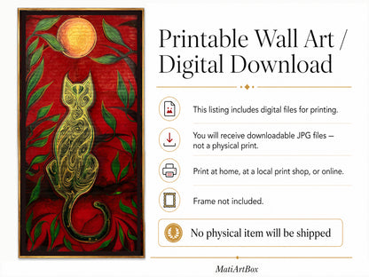 Printable wall art information for The Green Cat and the Golden Moon by MatiArtBox, explaining that the listing includes downloadable JPG files for printing and no physical item or frame.