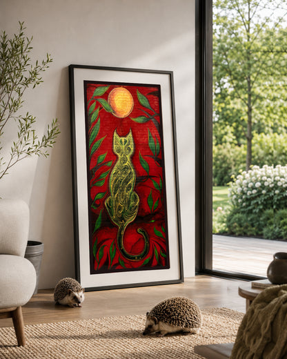 AI-generated lifestyle mockup showing The Green Cat and the Golden Moon, an original hand-painted artwork by MatiArtBox, displayed in a black frame beside a garden window with two hedgehogs in a bright modern living room.
