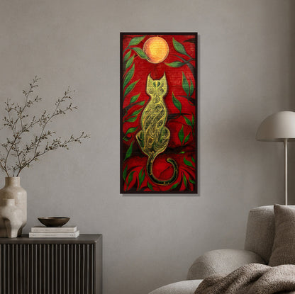 The Green Cat and the Golden Moon artwork by MatiArtBox displayed in a dark frame on a textured grey wall in a calm, modern minimalist living room.